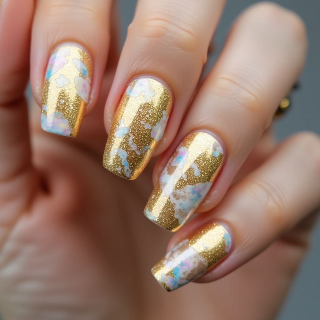 Gold Water marbling Nail Design