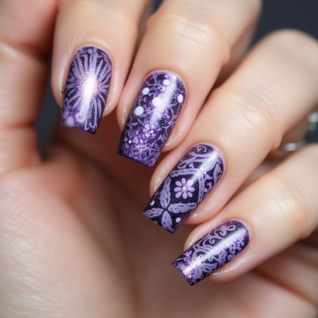 Purple Freehand Art Nail Design