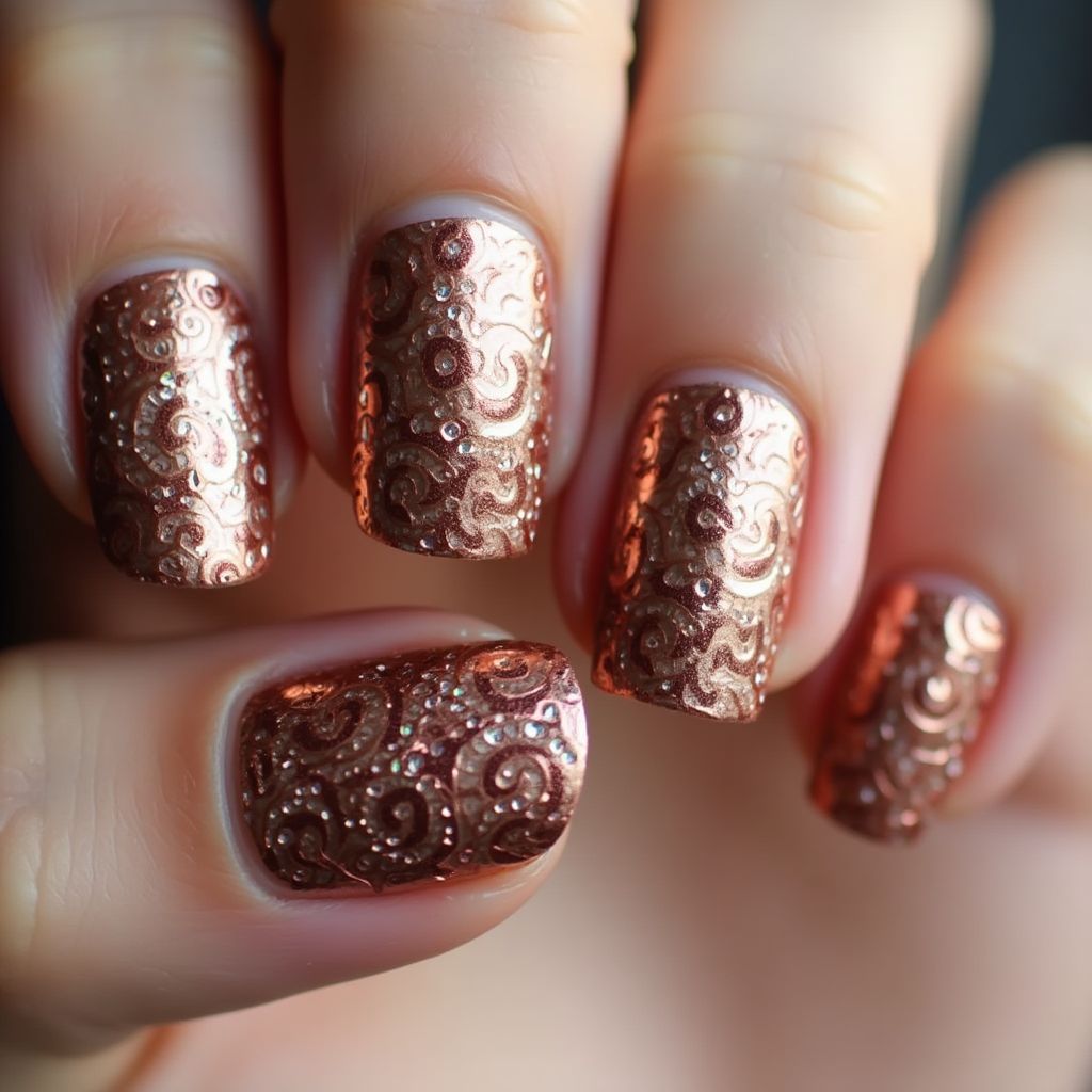 Copper Freehand Art Nail Design
