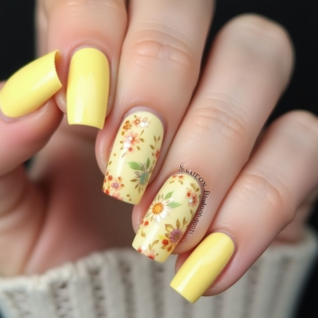 Pastel Yellow Freehand Art Nail Design