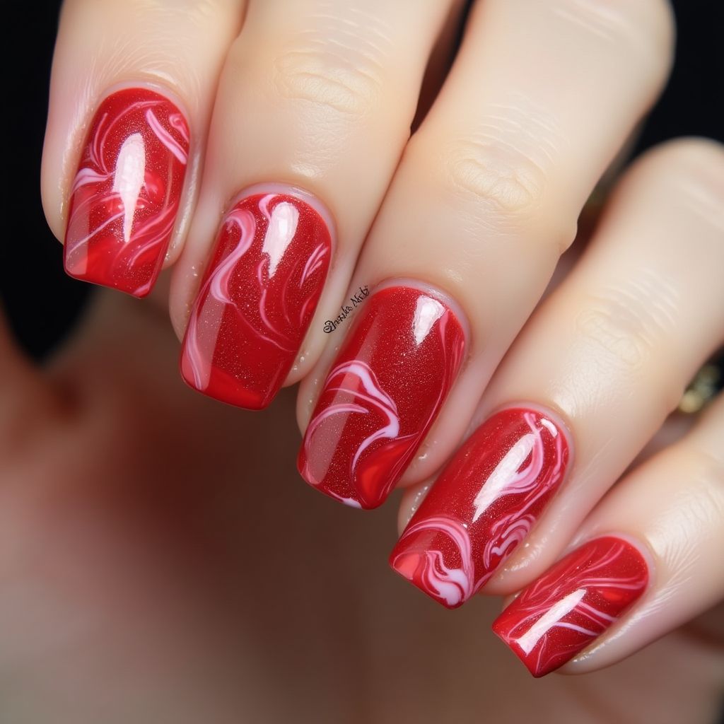 Red Water Marbling Nail Design