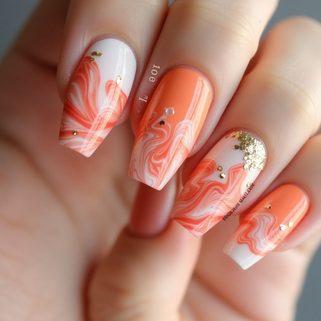 Coral Water Marbling Nail Design