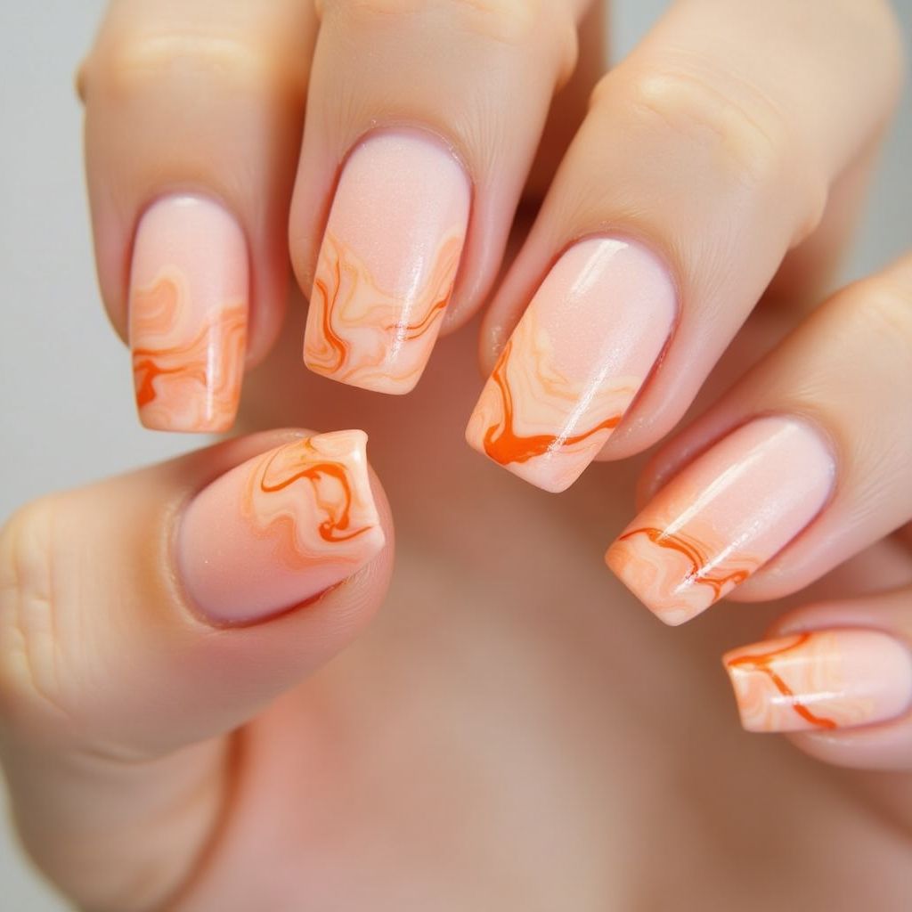 Peach Water Marbling Nail Design