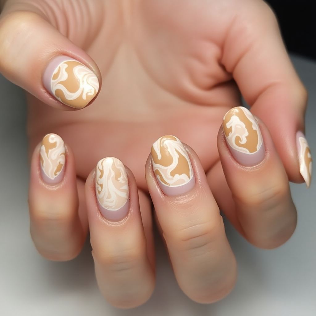 Tan Water Marbling Nail Design