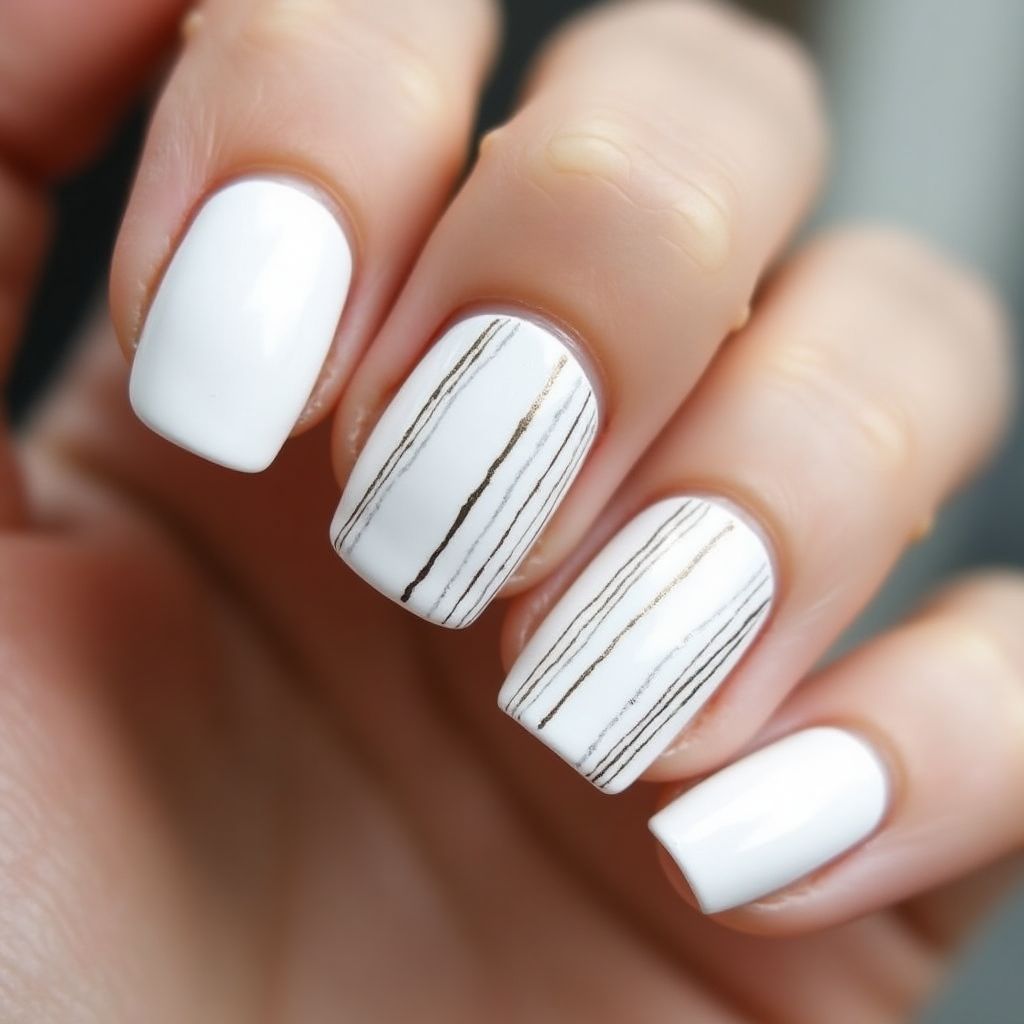 White Stripes And Lines Nail Design