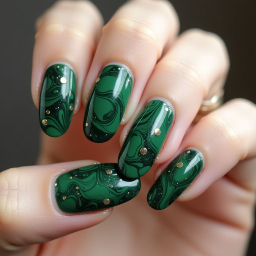 Emerald Green Water Marbling Nail Design