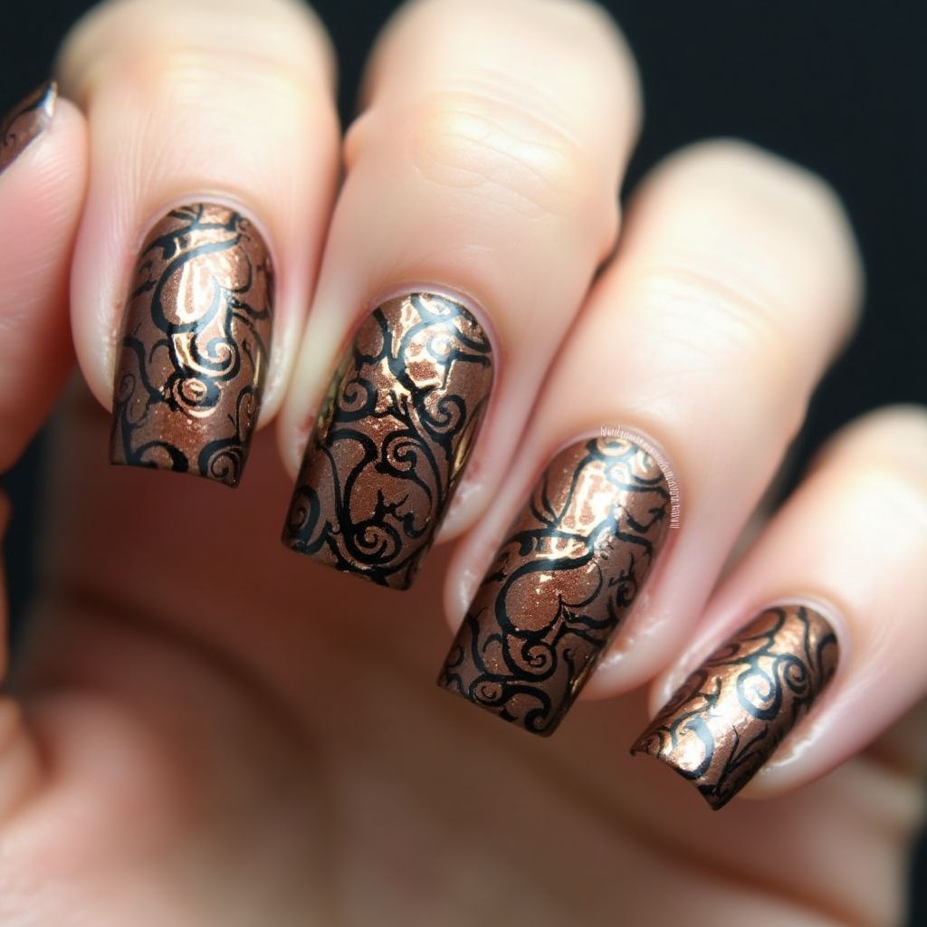 Bronze Freehand Art Nail Design