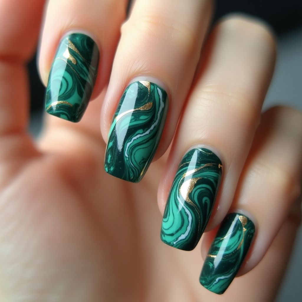 Emerald Green Water Marbling Nail Design