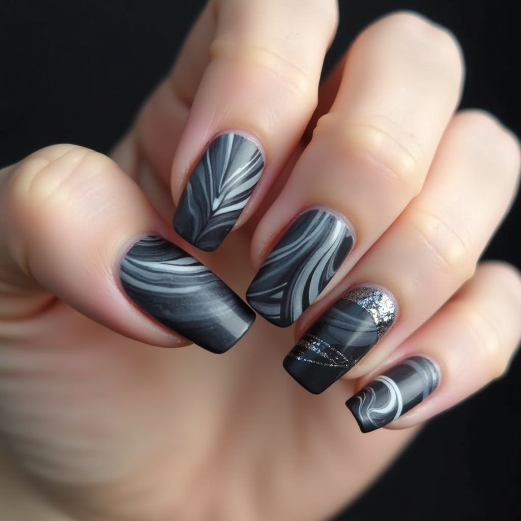 Charcoal Gray Water Marbling Nail Design