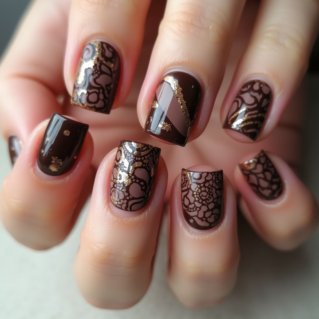Chocolate Brown Freehand Art Nail Design