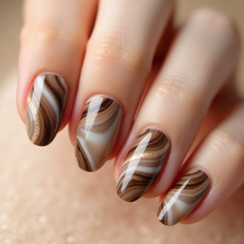 Tan Water Marbling Nail Design