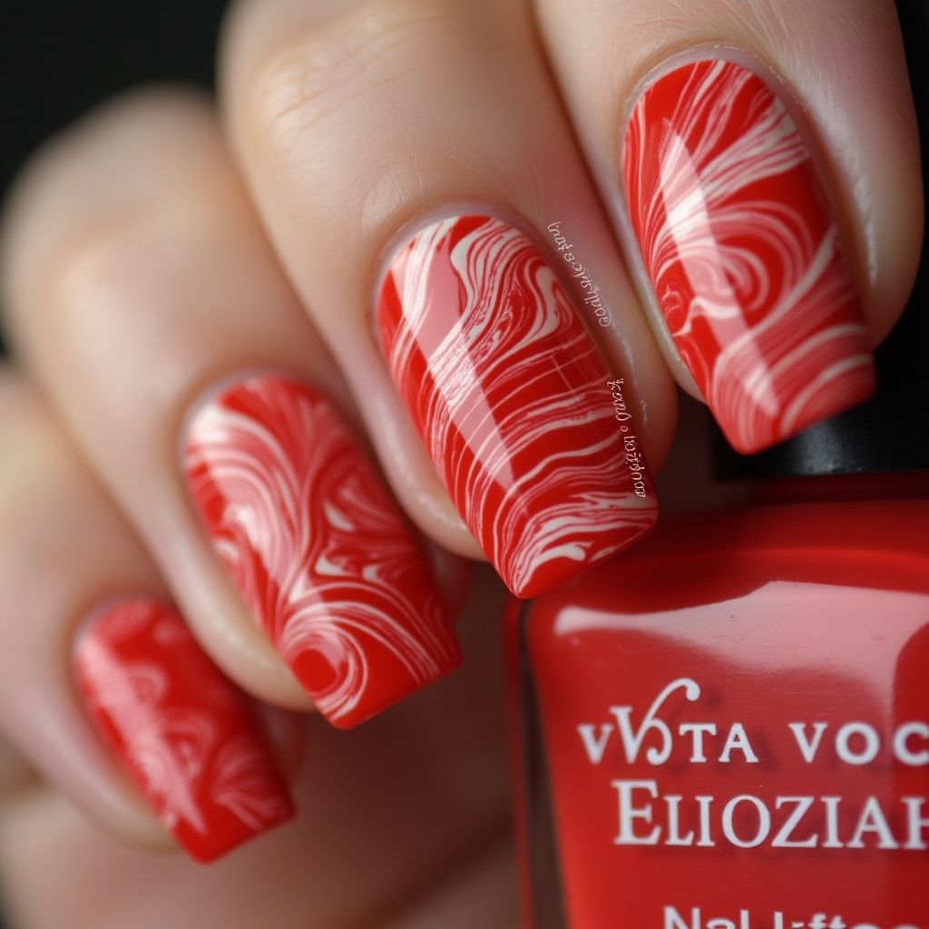 Red Water Marbling Nail Design