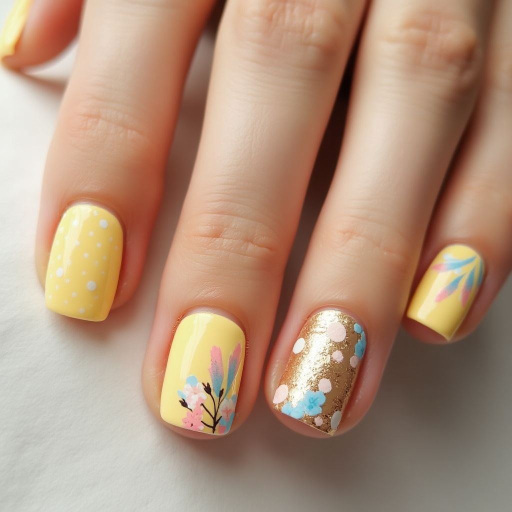 Pastel Yellow Freehand Art Nail Design