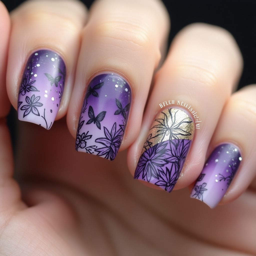 Purple Freehand Art Nail Design