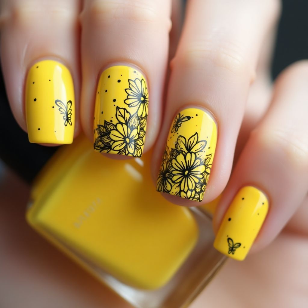 Yellow Freehand Art Nail Design