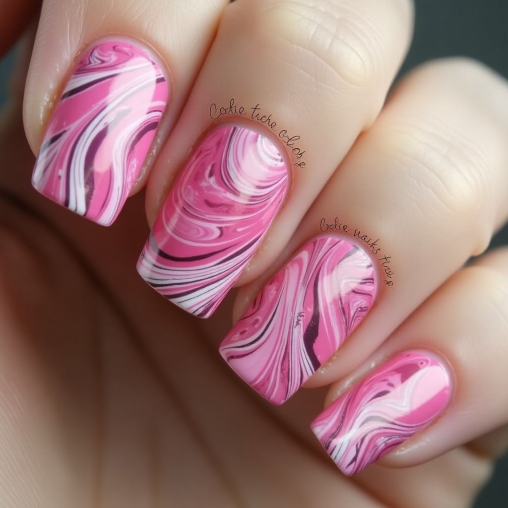 Hot Pink Water Marbling Nail Design