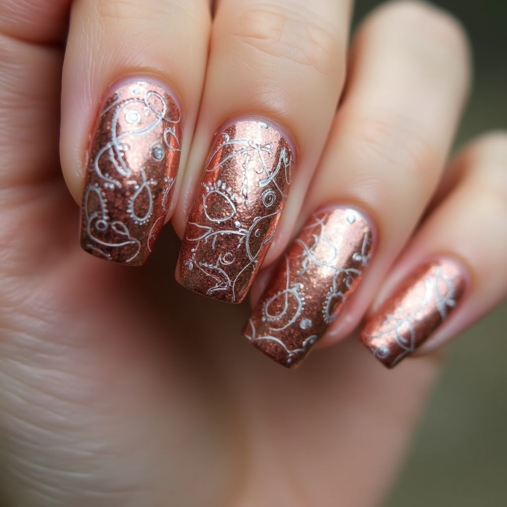 Copper Freehand Art Nail Design