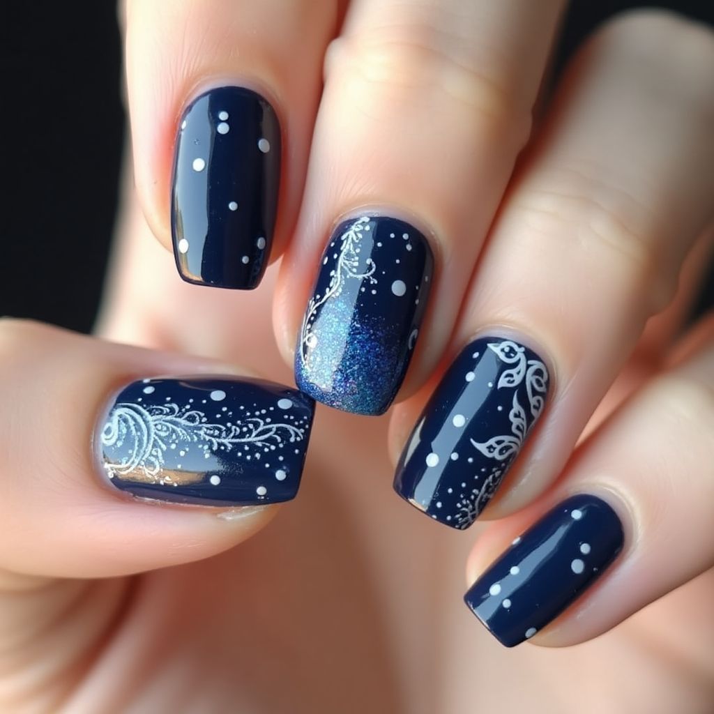 Navy Blue Freehand Art Nail Design