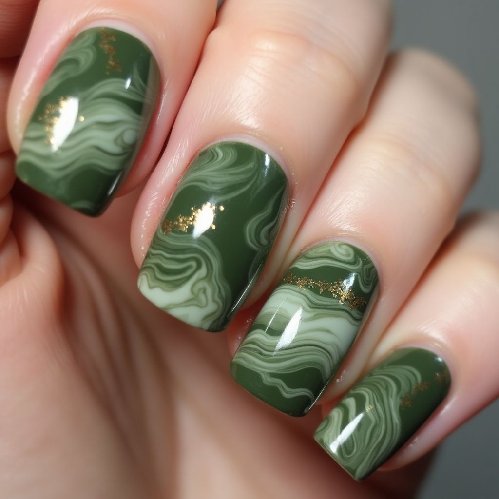 Olive Green Water Marbling Nail Design