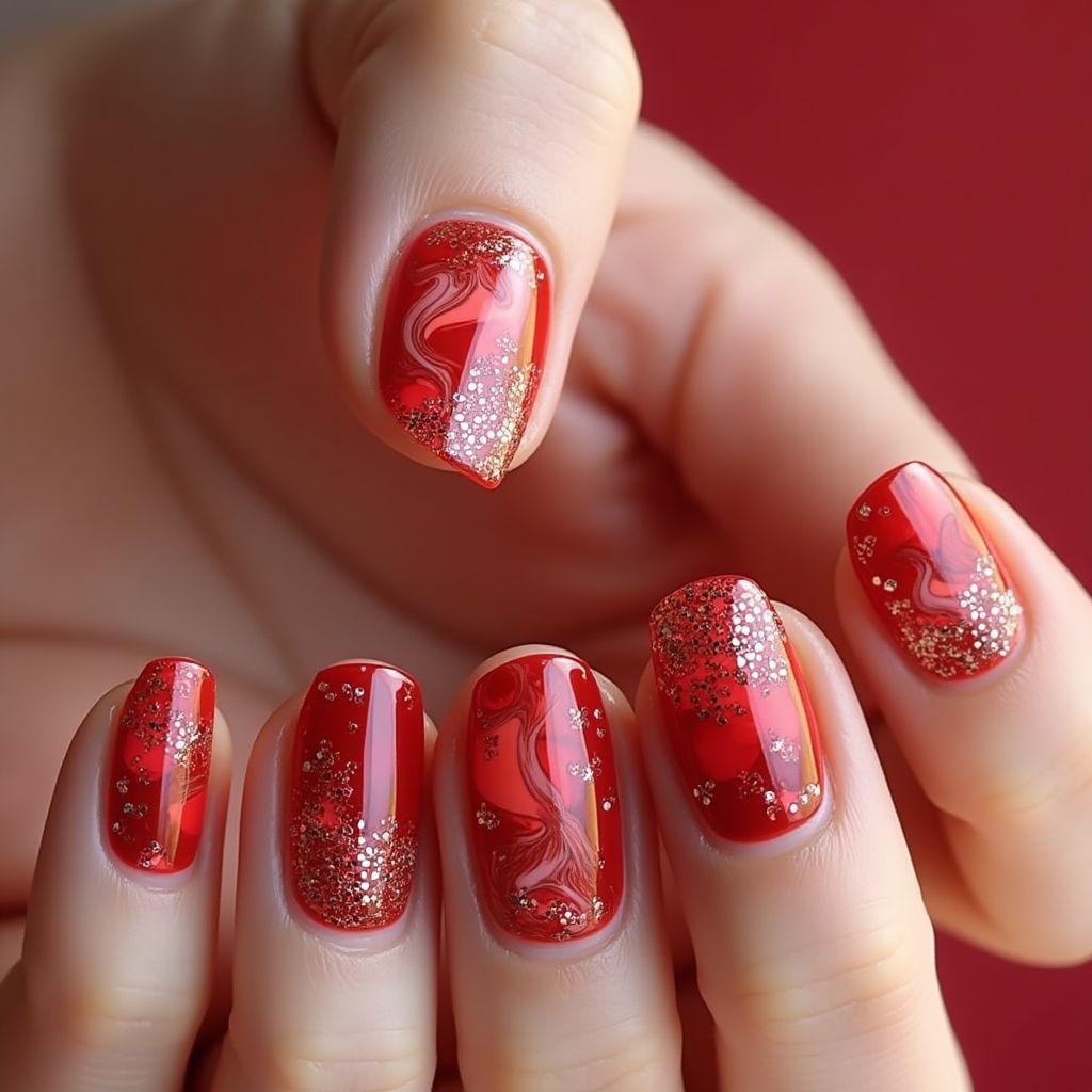 Red Water Marbling Nail Design