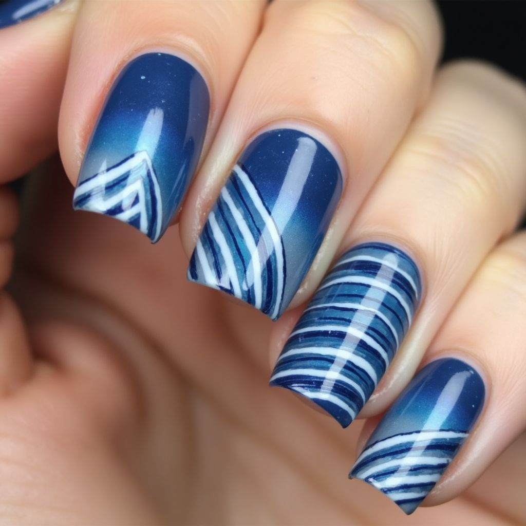 Blue Stripes And Lines Nail Design