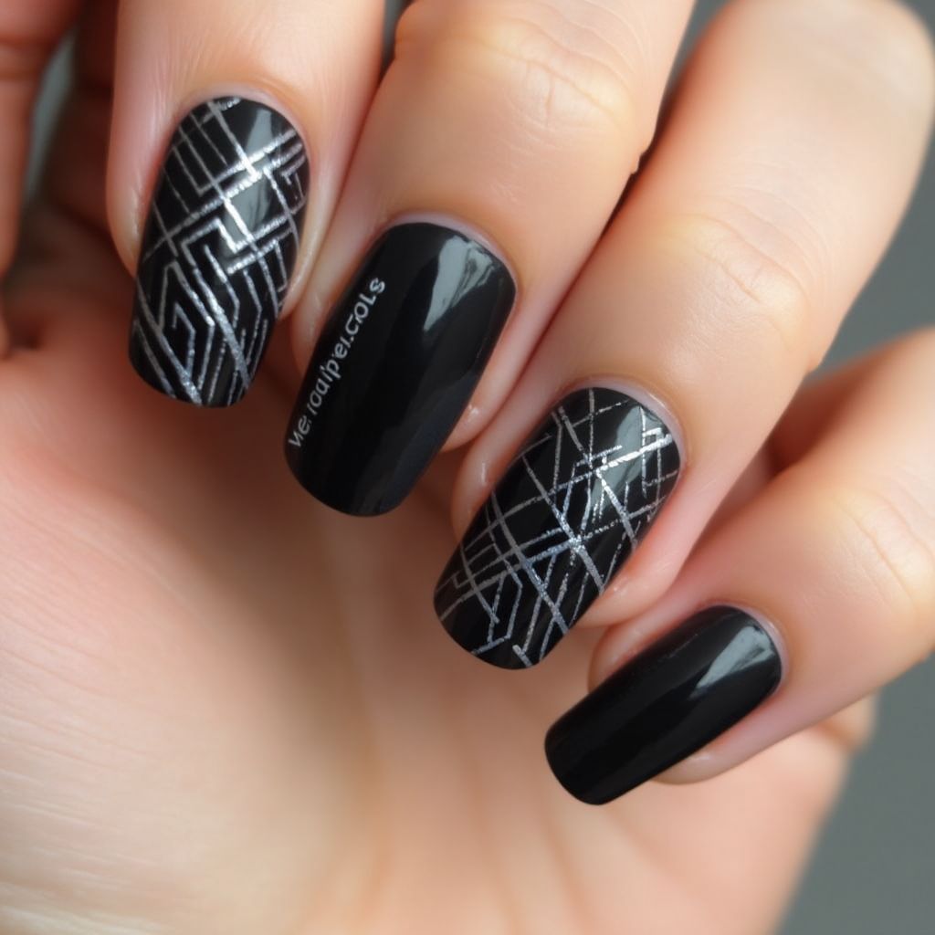 Black Stripes and lines Nail Design