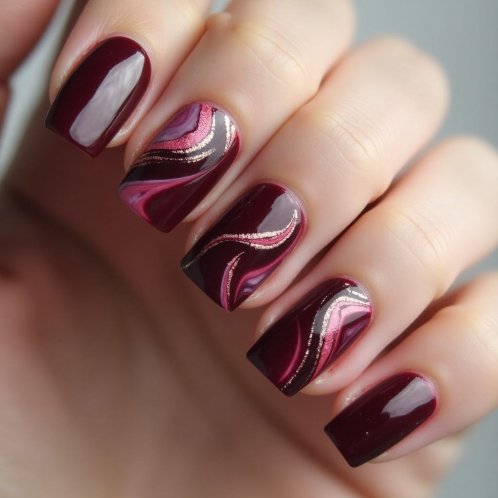 Wine Water Marbling Nail Design