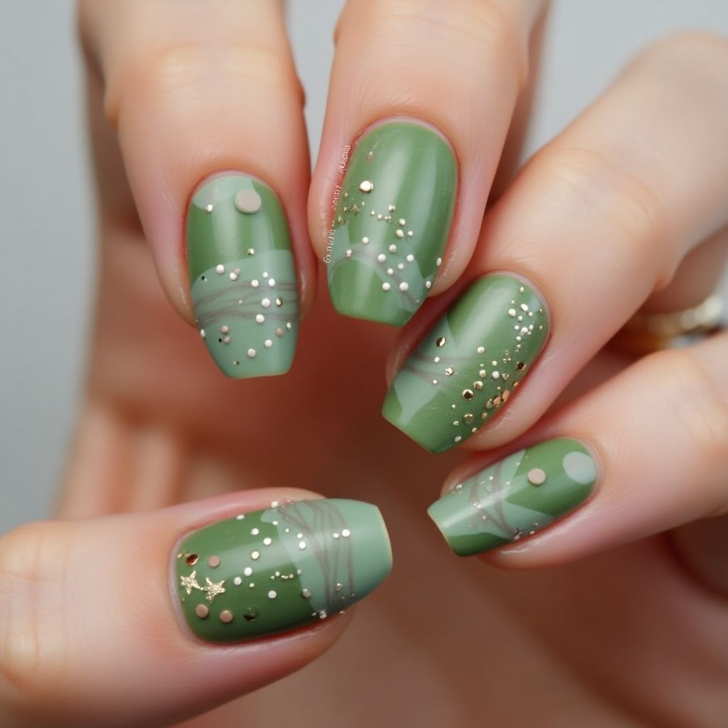 Olive Green Dotting Nail Design