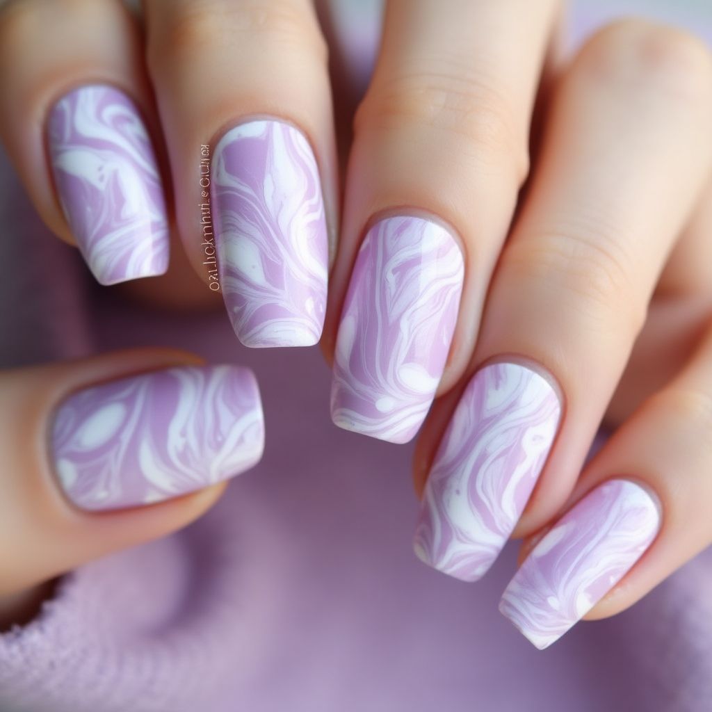 Lilac Water Marbling Nail Design