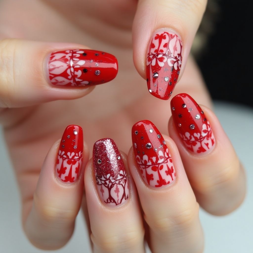 Red Freehand Art Nail Design