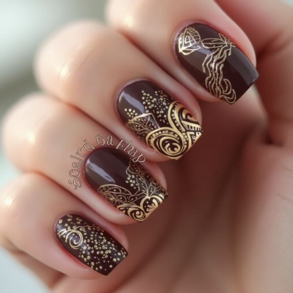 Chocolate Brown Freehand Art Nail Design
