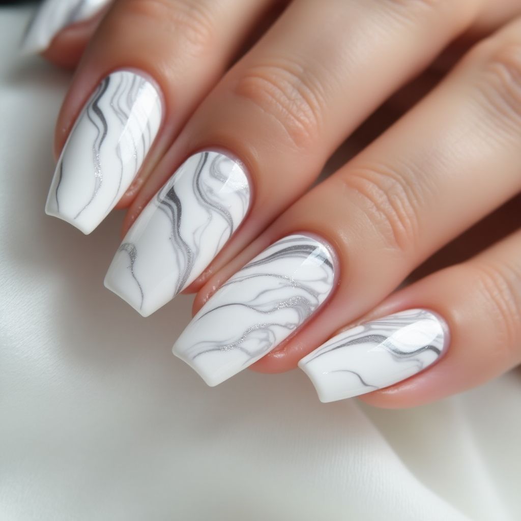 White Water Marbling Nail Design