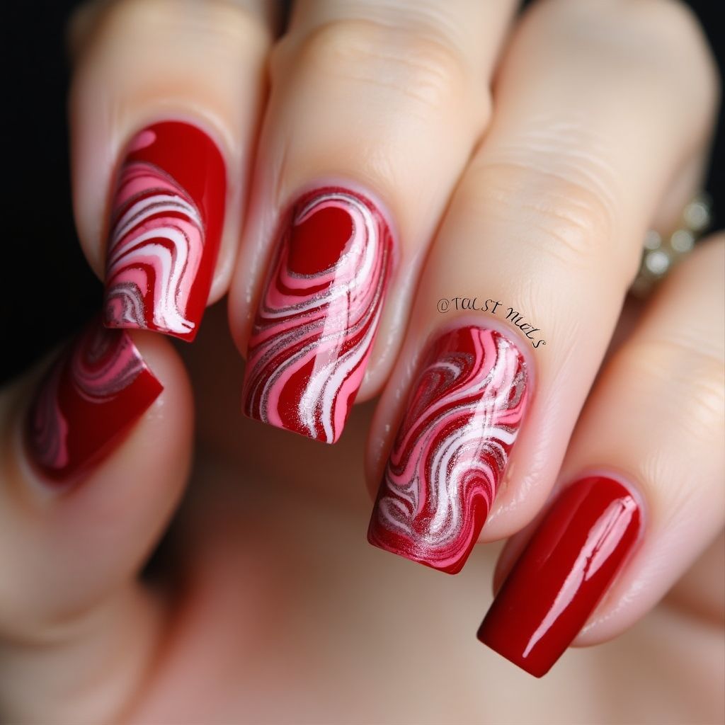 Red Water Marbling Nail Design