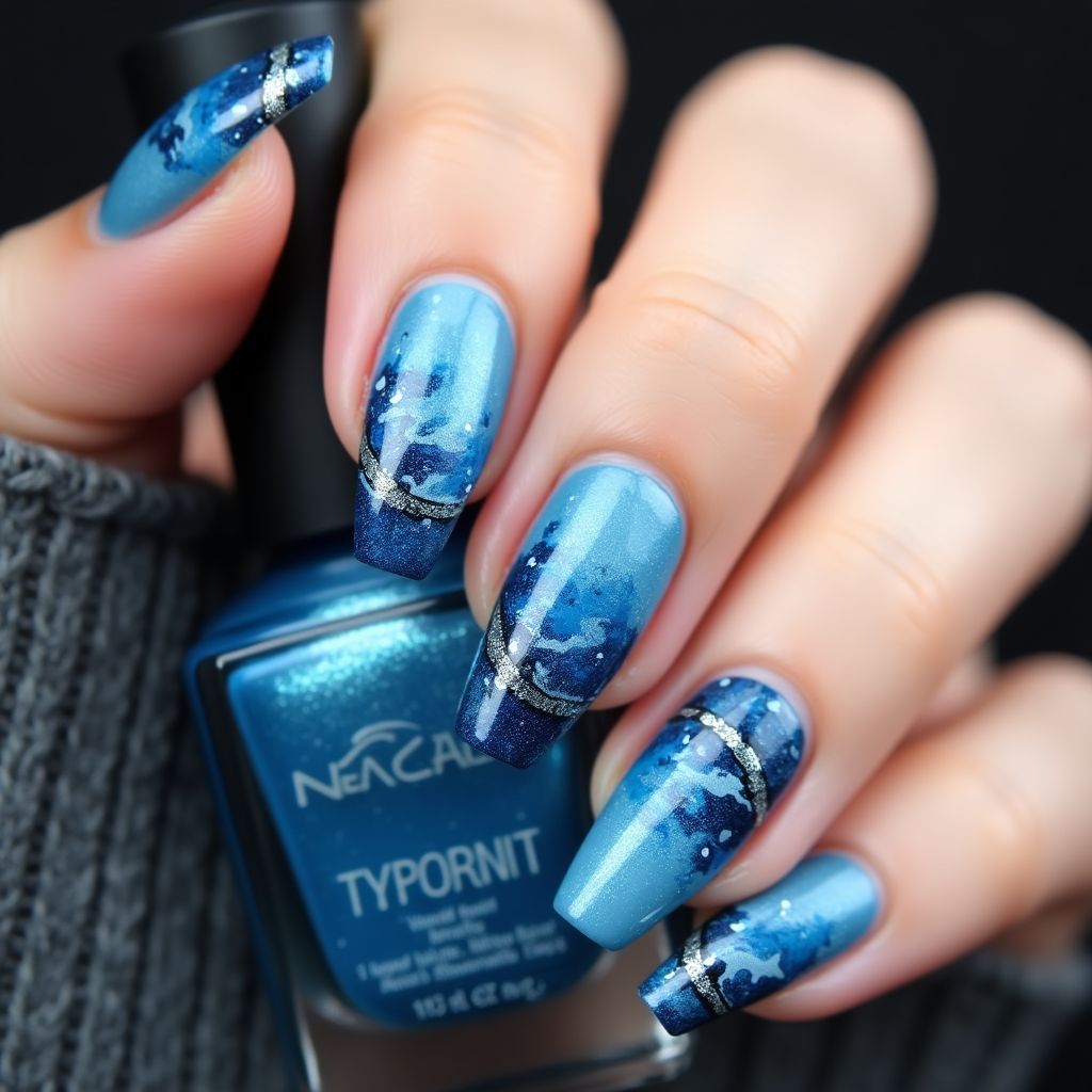 Blue Freehand Art Nail Design