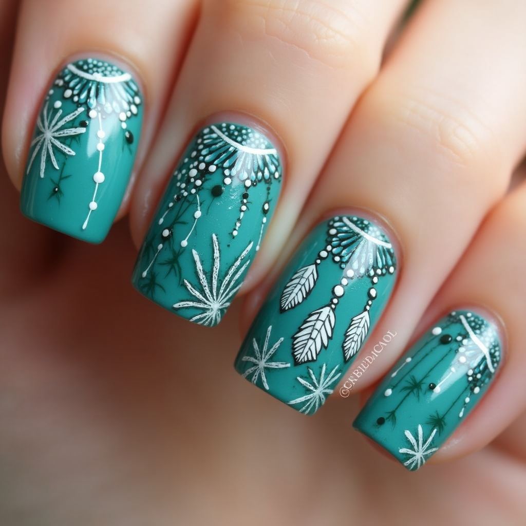 Teal Freehand Art Nail Design