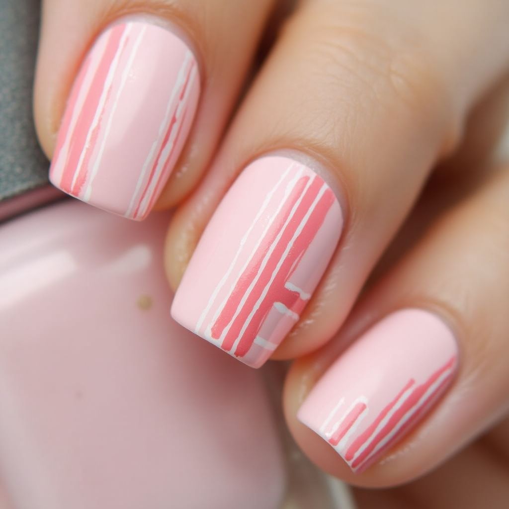 Baby Pink Stripes And Lines Nail Design