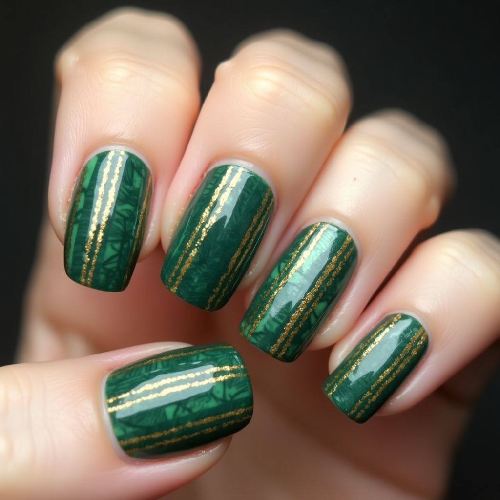 Emerald Green Stripes And Lines Nail Design