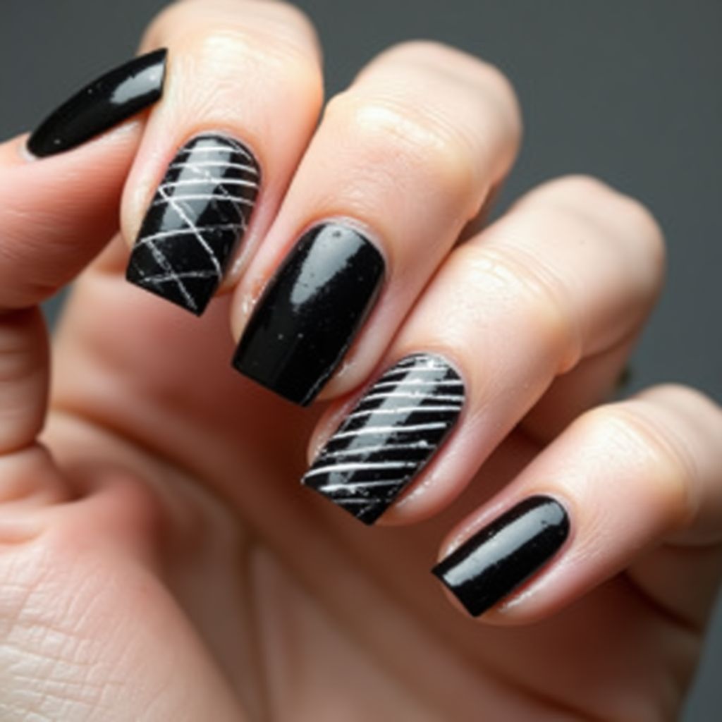Black Stripes And Lines Nail Design