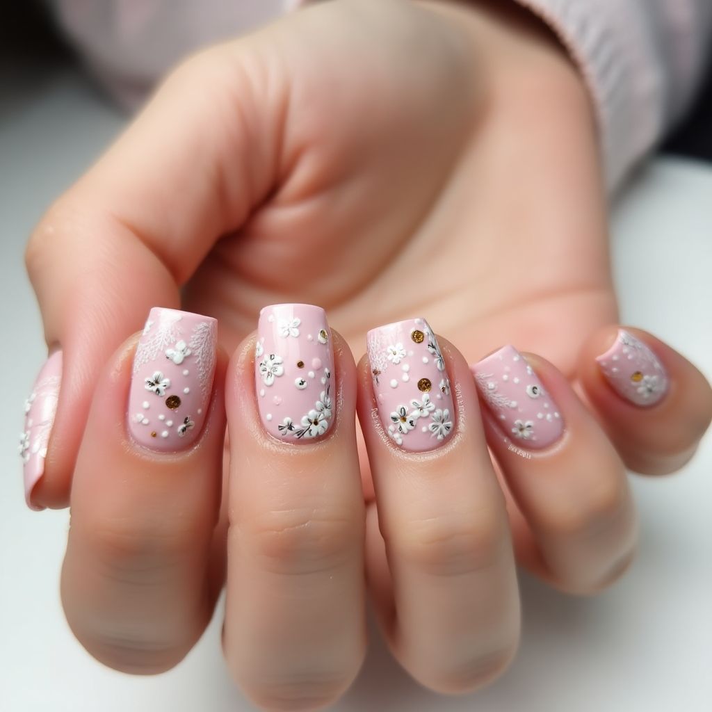 Baby Pink Freehand Art Nail Design