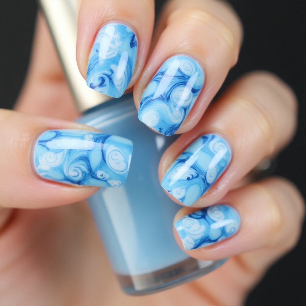 Baby Blue Water Marbling Nail Design