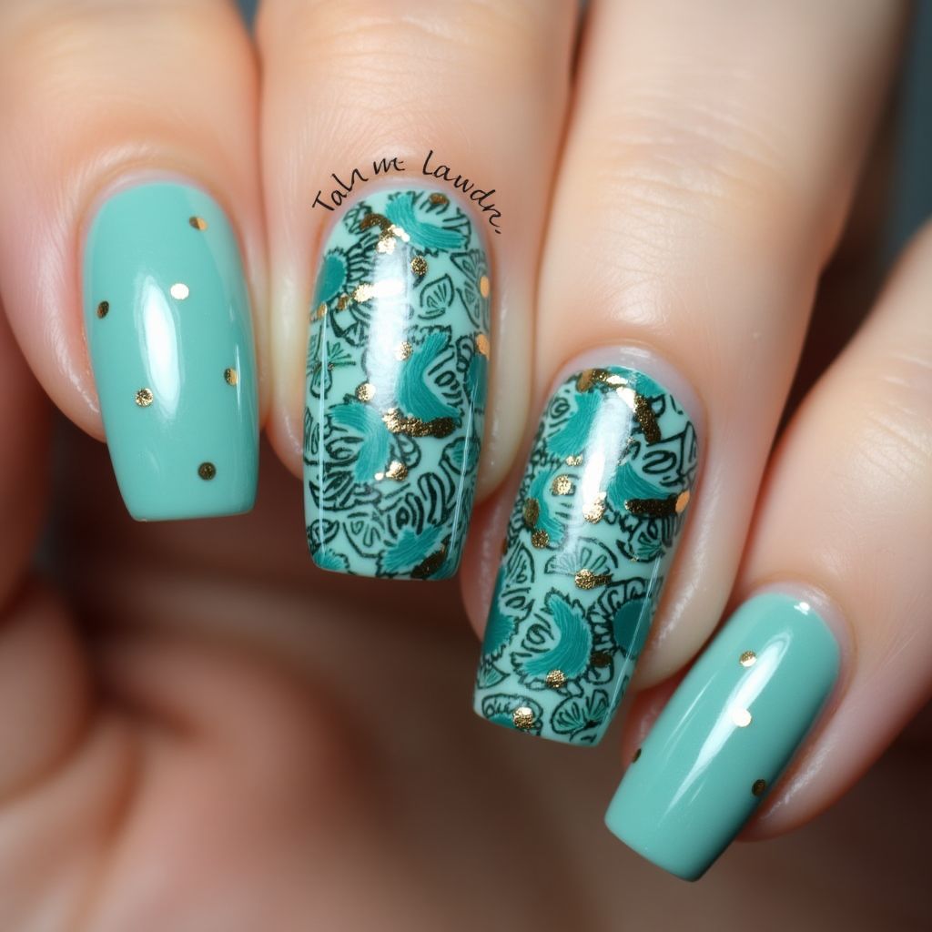 Teal Freehand Art Nail Design