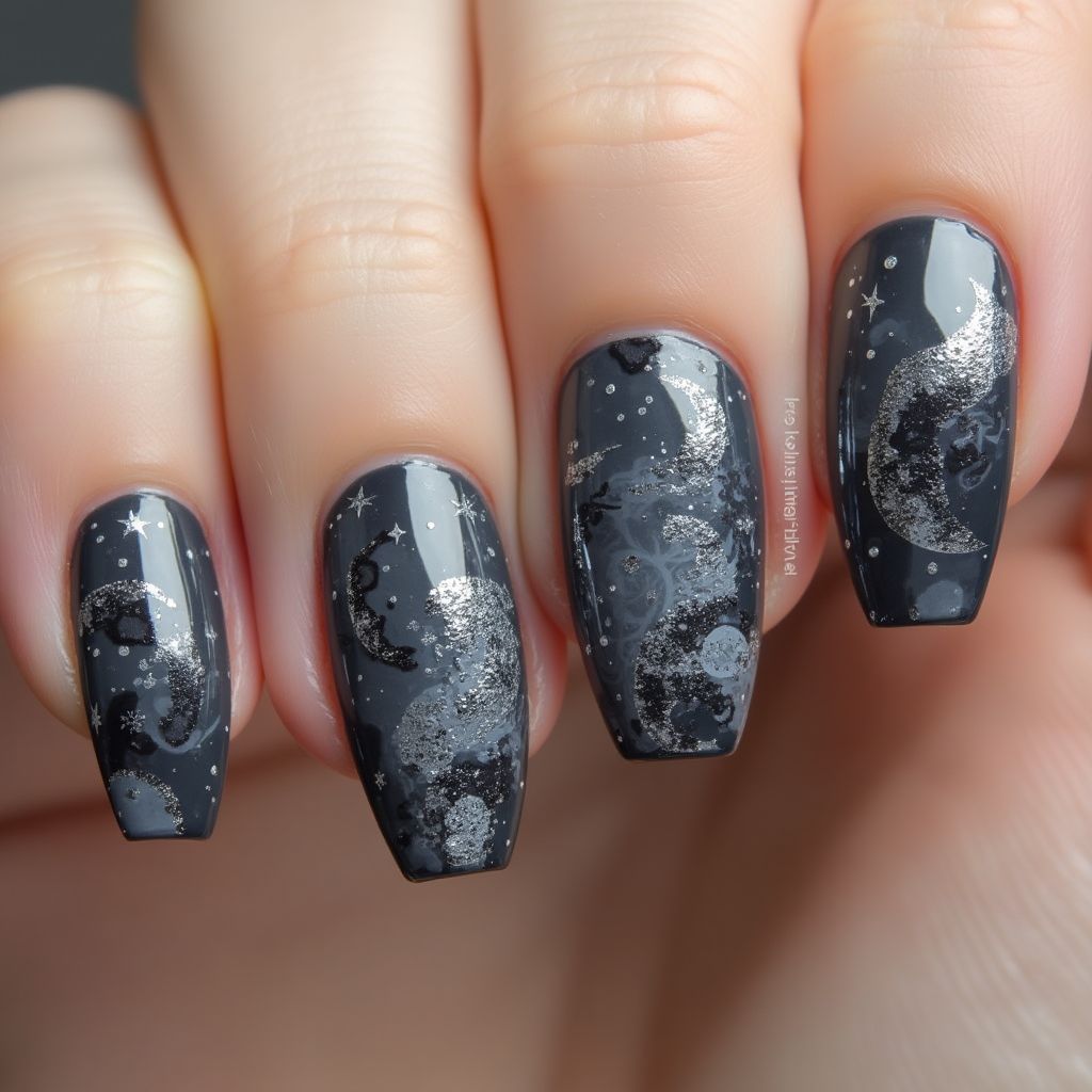 Charcoal Gray Freehand Art Nail Design