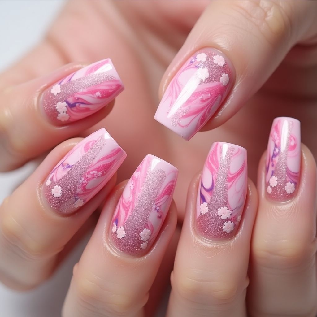 Pink Water Marbling Nail Design