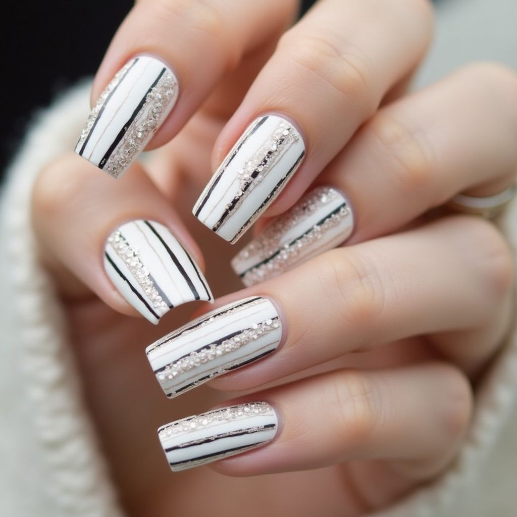 White Stripes And Lines Nail Design