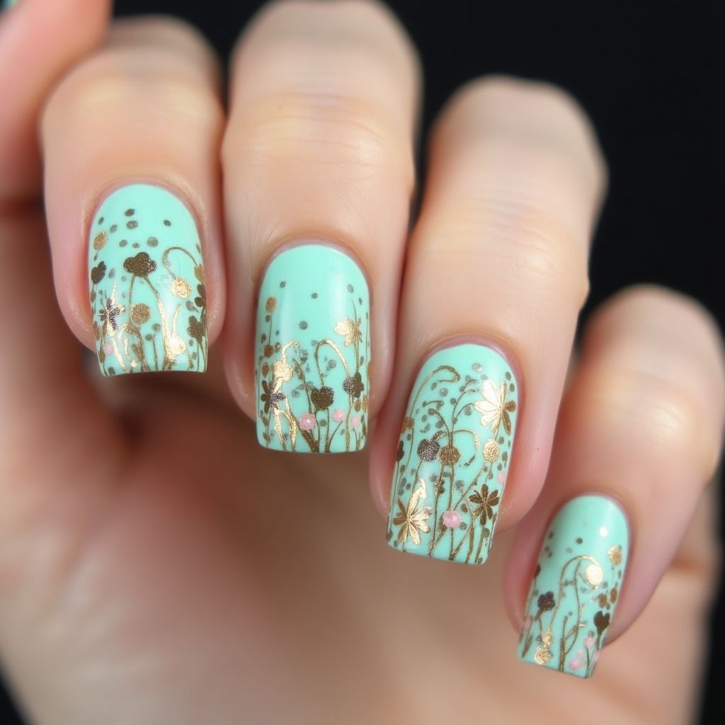 Mint Green Freehand Art Nail Design
