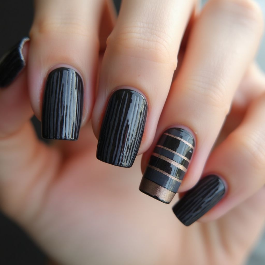 Charcoal Gray Stripes And Lines Nail Design