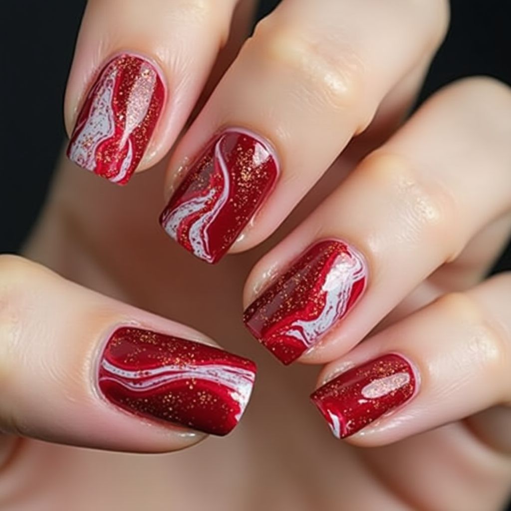Red Water Marbling Nail Design