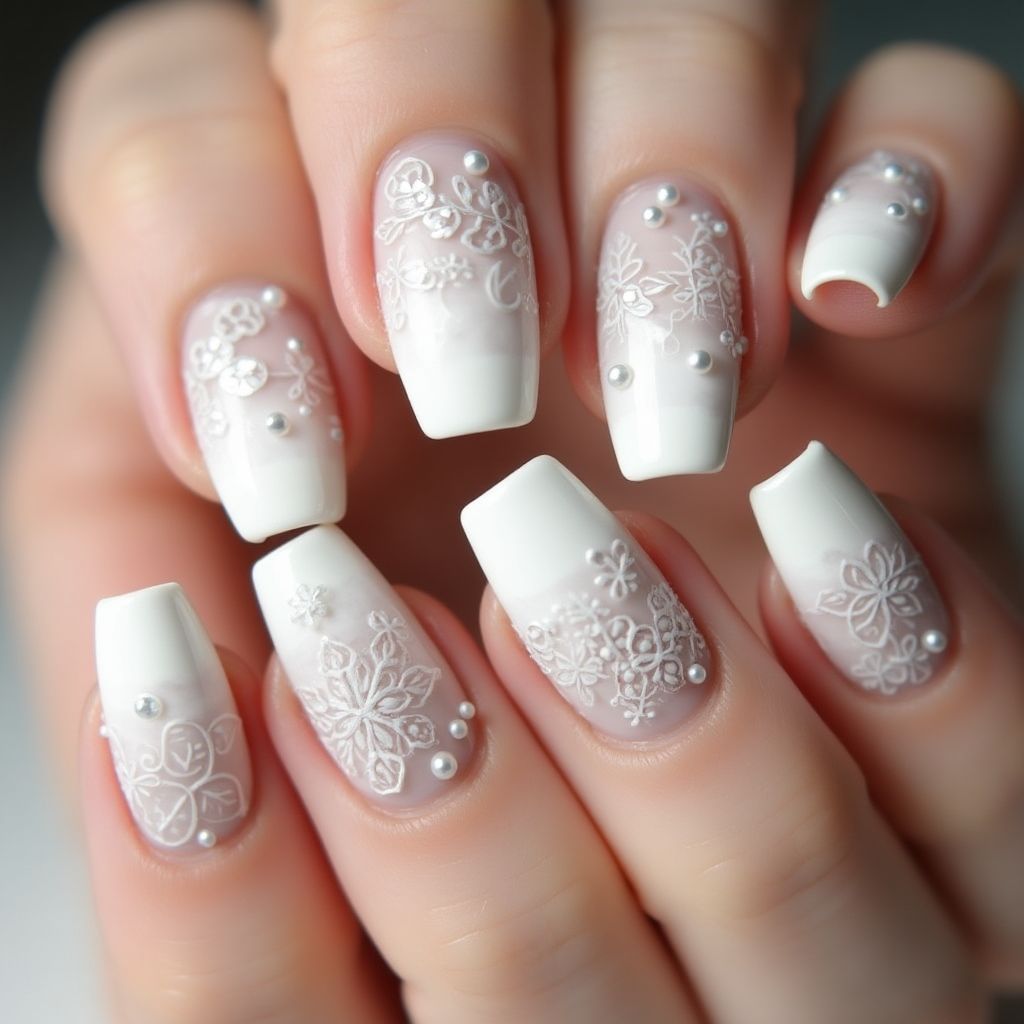 White Freehand Art Nail Design
