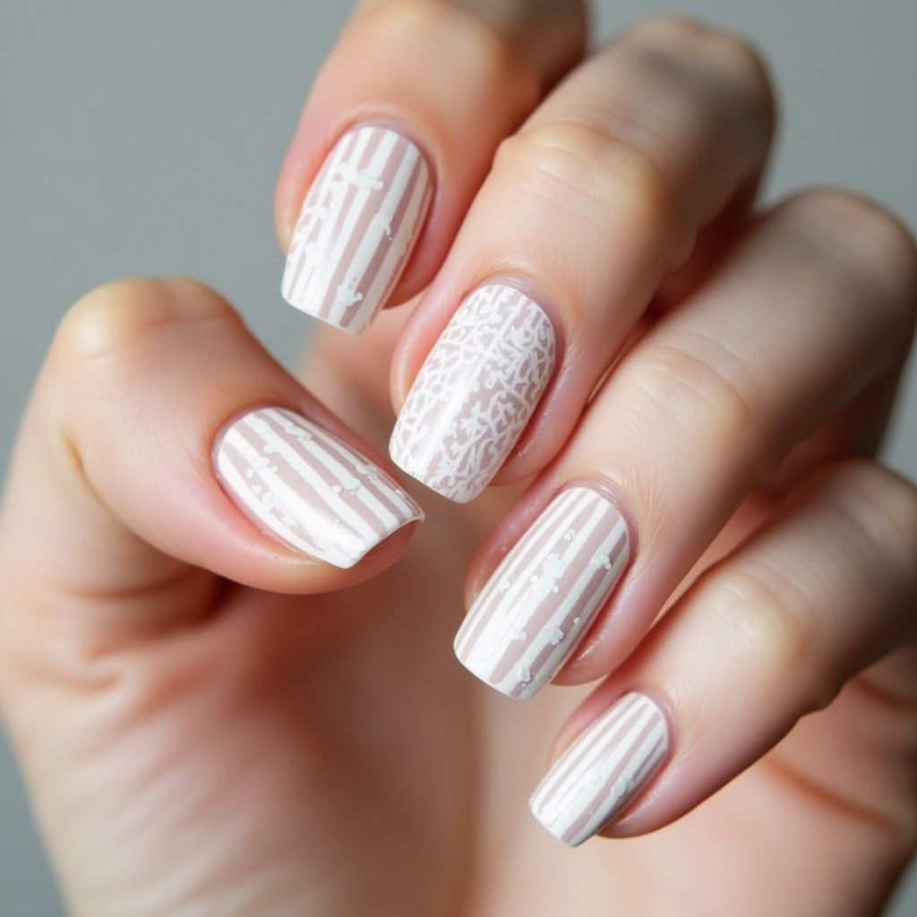White Stripes And Lines Nail Design