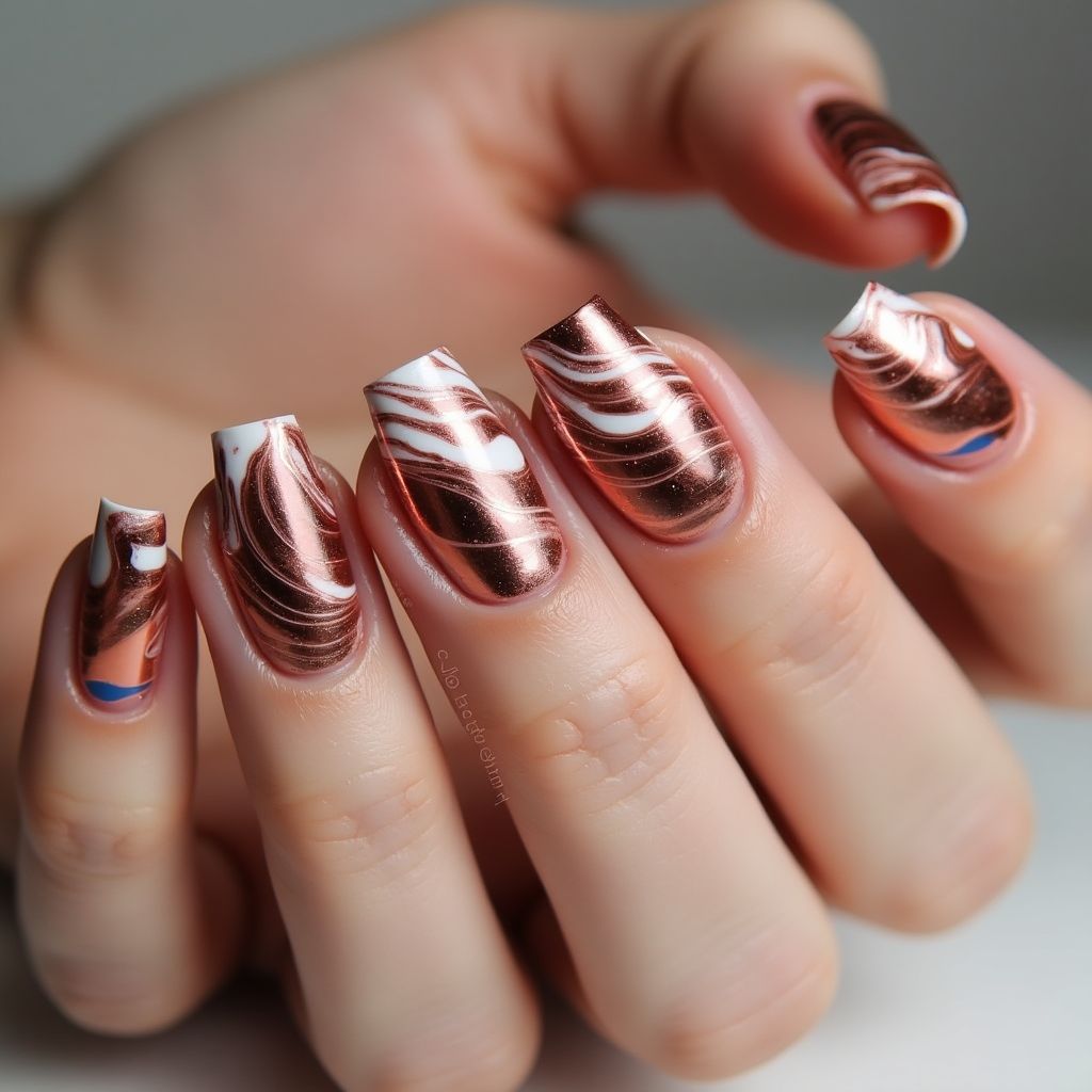 Copper Water Marbling Nail Design